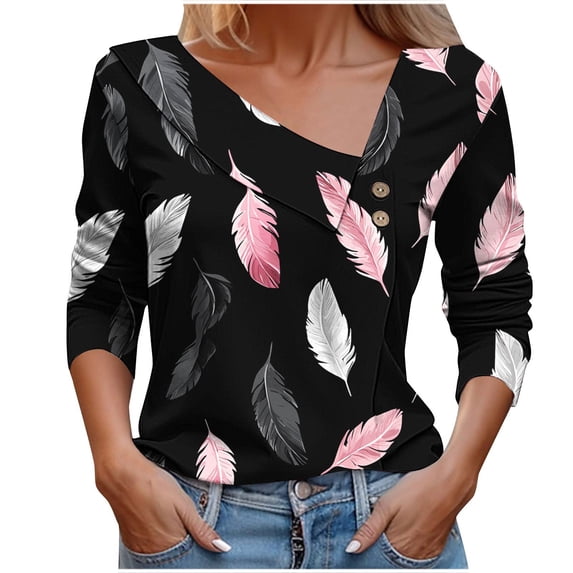 Uootdi Womens Feather Print Blouse Asymmetric Neckline Long Sleeve Casual Top With Buttons Trendy Spring Fashion Wear Black Women Tops