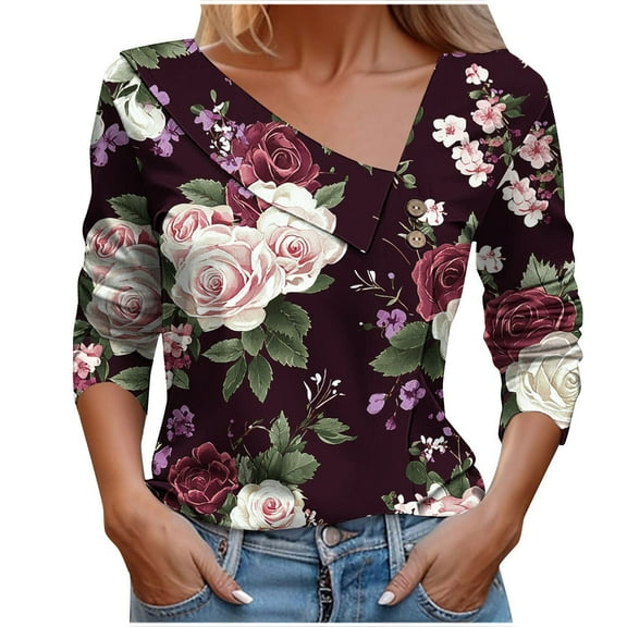 Uootdi Womens Floral Print Blouse Asymmetric Neckline Long Sleeve Casual Top With Buttons Trendy Fall Fashion Wear Wine Women Tops