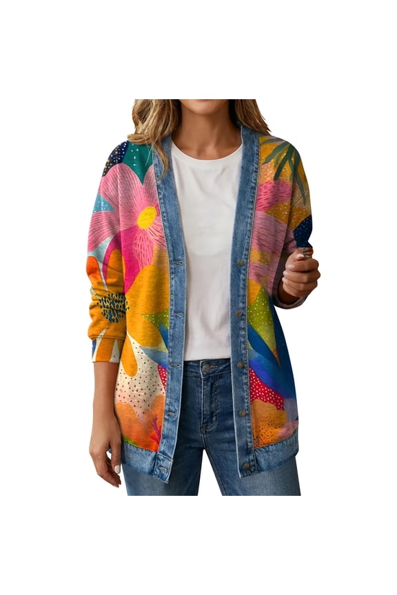 Womens Floral Print Cardigan Denim-Style Trim Long Sleeve Open Front Loose Fit Comfortable Casual Everyday Wear Gift