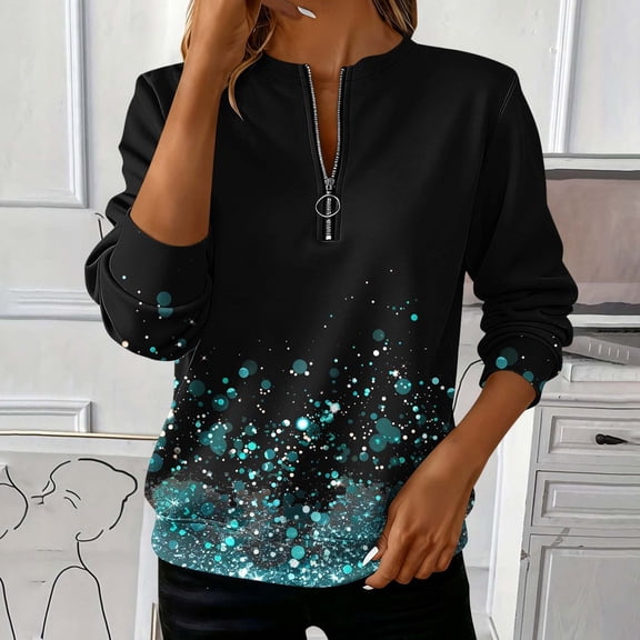 Uootdi Womens Floral Print Colorblock Tops Henley V Neck Half Zip Up Long Sleeve Shirts Dressy Casual Fall Loose Tunic Tops Basic Tees Gift