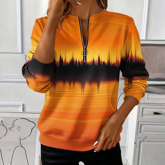 Uootdi Womens Floral Print Colorblock Tops Henley V Neck Half Zip Up Long Sleeve Shirts Dressy Casual Fall Loose Tunic Tops Basic Tees Gift