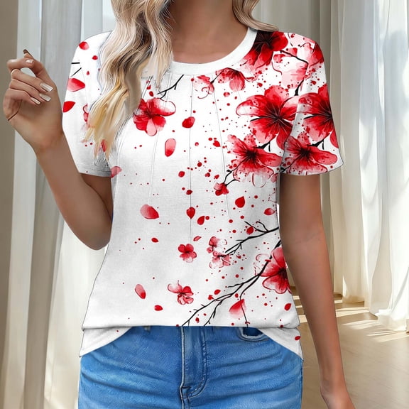 Uootdi Womens Froral Print Short Sleeve Tops Colorblock Crew Neck Front Pleated Clothes Business Casual Dressy Blouses Outfits Spring Summer T Shirts Gift