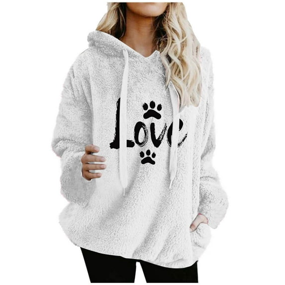 Uootdi Womens Fuzzy Fleece Pullover Hoodies Cute Dog Paw Love Print Sherpa Long Gift Sleeve Sweatshirt with Pockets