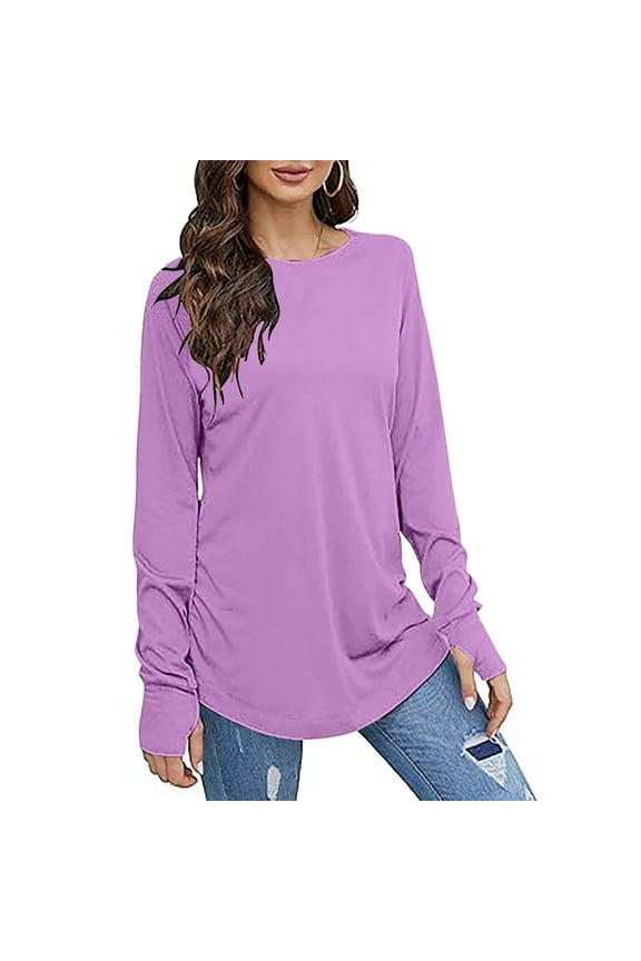 Womens Gift Tops Casual Long Sleeve Tops Crew Neck Round Hem Loose T-Shirts Tunic Tops with Thumb Holes