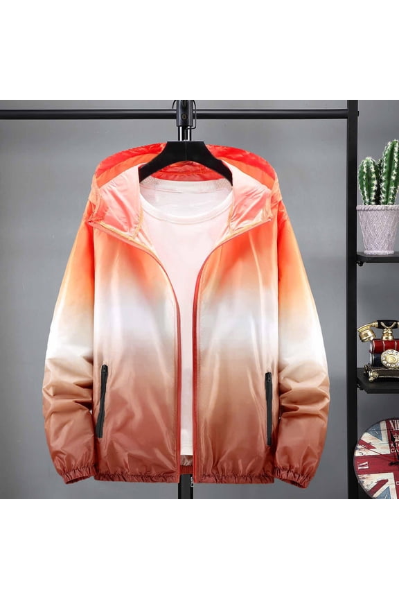 Womens Gradient Color Windbreakers Hooded Zip Up Lightweight Jackets Casual Outdoor Windproof Outerwear Summer Beach Vacation Wear Gift