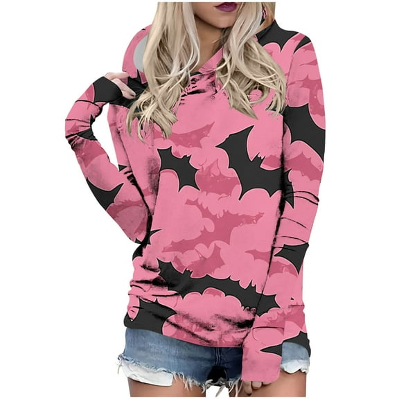Uootdi Womens Halloween Bat Hoodie Casual Pullover Long Sleeve Loose Fit Sweatshirt With Pink Camo Pattern Trendy Fall Holiday Outwear Pink Women Tops