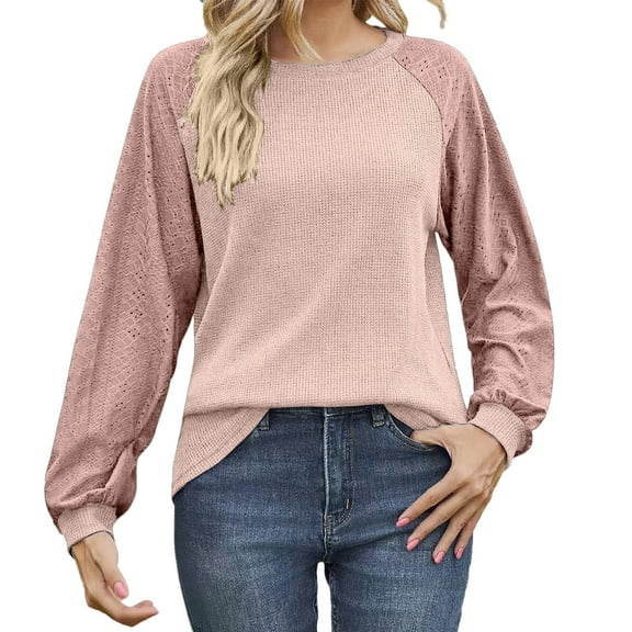 Uootdi Womens Hollow Out Sweater Womens Cute Crochet Knit Long Gift Sleeve Tops Fall Crewneck Lightweight Ribbed Pullover