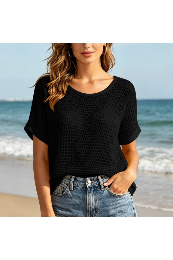 Womens Knit Tops Round Neck Short Sleeve Open Knit Mesh Womens Tees Relaxed Fit Beach Wear Lightweight Womens Tops