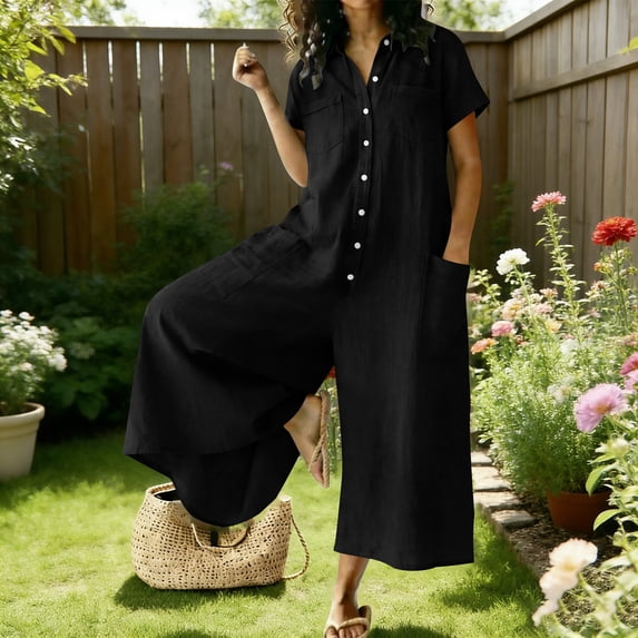 Uootdi Womens Linen Jumpsuits Collared Short Sleeve Button Front Overalls Casual Loose Lightweight Breathable Daily Wear Gift