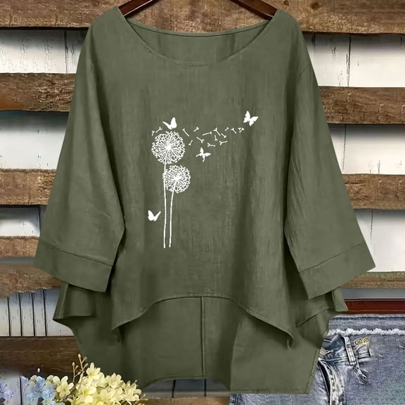 Uootdi Womens Linen Tops Floral Print 3/4 Sleeve Shirts Summer Boho Gauze Blouse Casual Loose Fit Cotton Blouses Trendy Clothing Gift