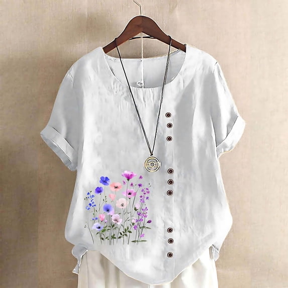 Uootdi Womens Linen Tops Floral Print Short Sleeve Shirts Summer Boho ...