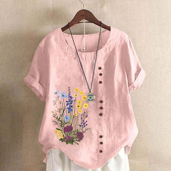 Uootdi Womens Linen Tops Floral Print Short Sleeve Shirts Summer Boho Gauze Blouse Casual Loose Fit Cotton Blouses Trendy Clothing Gift