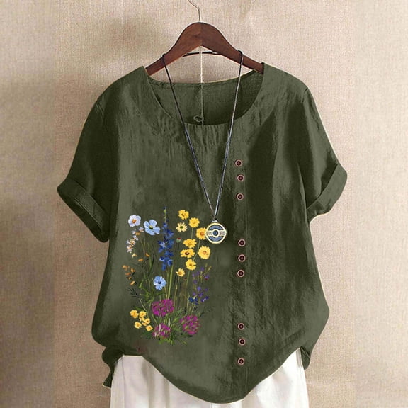 Uootdi Womens Linen Tops Floral Print Short Sleeve Shirts Summer Boho Gauze Blouse Casual Loose Fit Cotton Blouses Trendy Clothing Gift