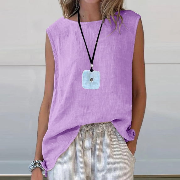 Uootdi Womens Linen Tops Round Neck Side Slit Sleeveless Linen Lightweight Shirts Casual Daily Tops Minimalist Everyday Style Gift
