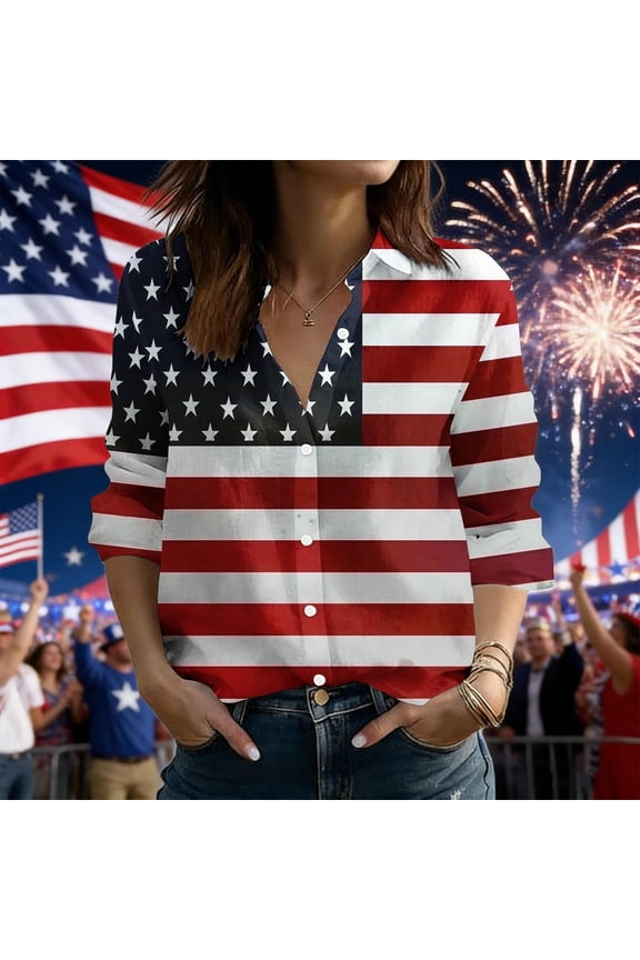 Womens Long Sleeve Button Down Shirts Collared American Flag Print Patriotic Blouses Casual 4th of July Tops Summer Vacation Wear Gift
