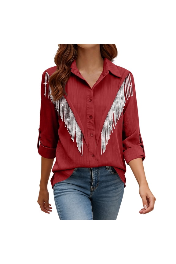 Womens Long Sleeve Button Down Shirts Collared Sequin Fringe Trim Western Inspired Blouses Casual Country Style Tops Gift