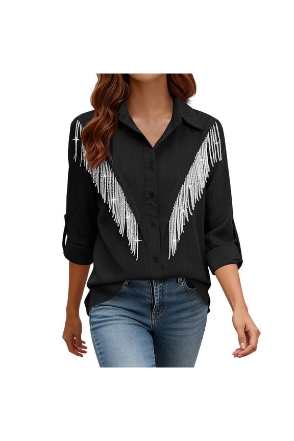 Womens Long Sleeve Button Down Shirts Collared Sequin Fringe Trim Western Inspired Blouses Casual Country Style Tops Gift