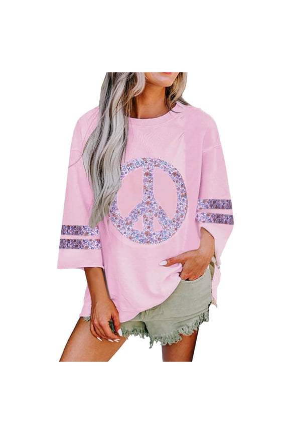 Womens Long Sleeve Oversized Crewneck Tops Floral Peace Symbol Drop Shoulder Sweatshirt Casual Gift Pullover Top Drop Sh oulder Wide