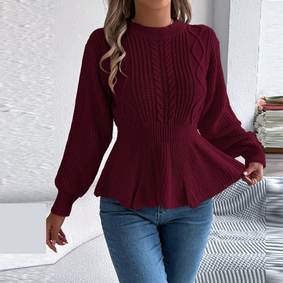 Uootdi Womens Long Sleeve Puff Sleeve Crew Neck Ruffle Peplum Hem Sweater Casual Slim Fit Cable Knit Gift Ruffle Pullover Tops