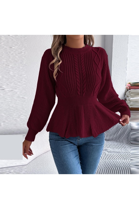 Womens Long Sleeve Puff Sleeve Crew Neck Ruffle Peplum Hem Sweater Casual Slim Fit Cable Knit Gift Ruffle Pullover Tops