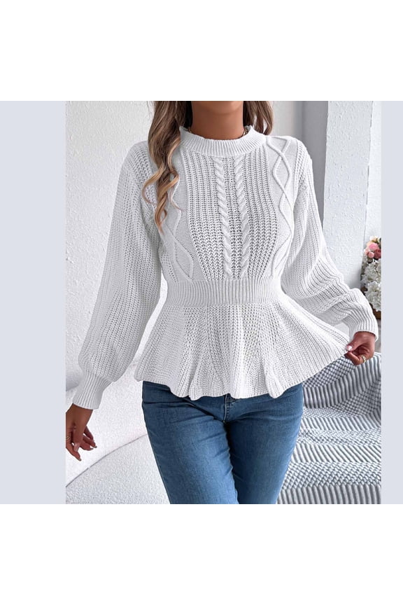 Womens Long Sleeve Puff Sleeve Crew Neck Ruffle Peplum Hem Sweater Casual Slim Fit Cable Knit Gift Ruffle Pullover Tops