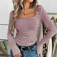 thumbnail image 1 of Uootdi Womens Long Sleeve Shirt Fall Winter Square Neck Striped Color Block Textured Sweater Slim Fit Shirt Tunic Gift Versatil e Lighweight, 1 of 8