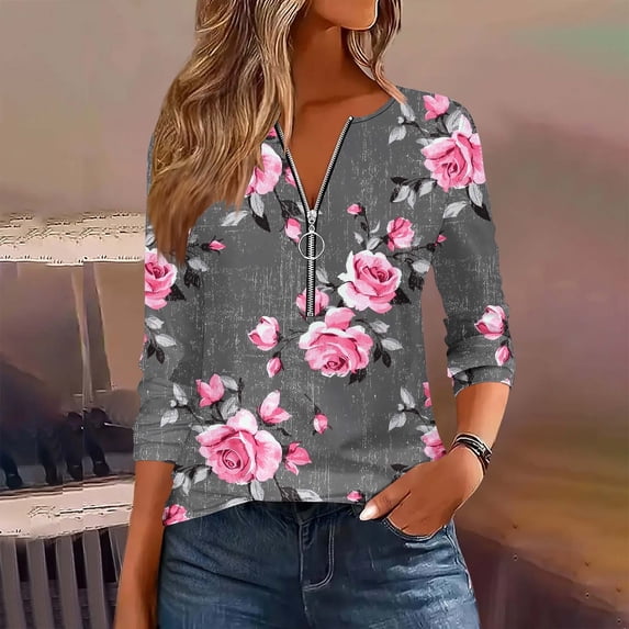 Uootdi Womens Long Sleeve Shirts Half Zipper V Neck Fashion Floral Printed Striped Dressy Gift Blouses Casual FallTunic Tops Lo ose Fit Comfy