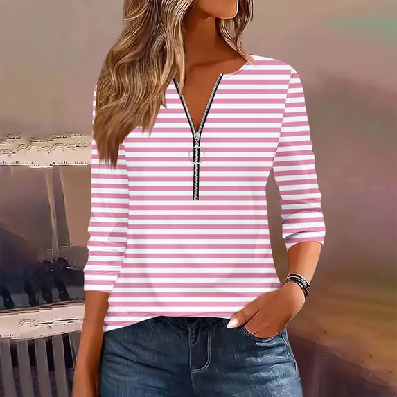 Uootdi Womens Long Sleeve Shirts Half Zipper V Neck Fashion Floral Printed Striped Dressy Gift Blouses Casual FallTunic Tops Lo ose Fit Comfy