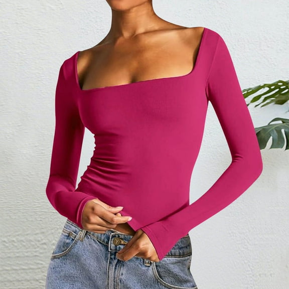 Uootdi Womens Long Sleeve Shirts Square Neck Double Lined Tops Ribbed Slim Fit Crop Knit Basic Teen Gift Girls Crop Tops Fall