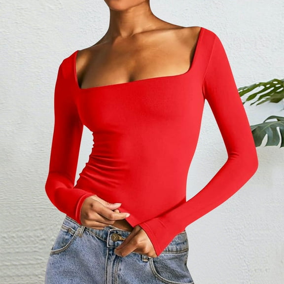 Uootdi Womens Long Sleeve Shirts Square Neck Double Lined Tops Ribbed Slim Fit Crop Knit Basic Teen Gift Girls Crop Tops Fall