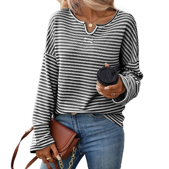 Uootdi Womens Long Sleeve Shirts Striped V-Neck Rib Knit Slim Fit Tops Gift Casual Stretch Basic Tee Going Out Top Fall