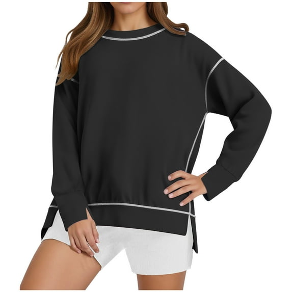 Uootdi Womens Long Sleeve Sweathirts Gift Oversized Crewneck Sweatshirts Contrast Stitching Color Block Split Hem Pullover Re laxed Fit Sweatshirt Pullover Tops