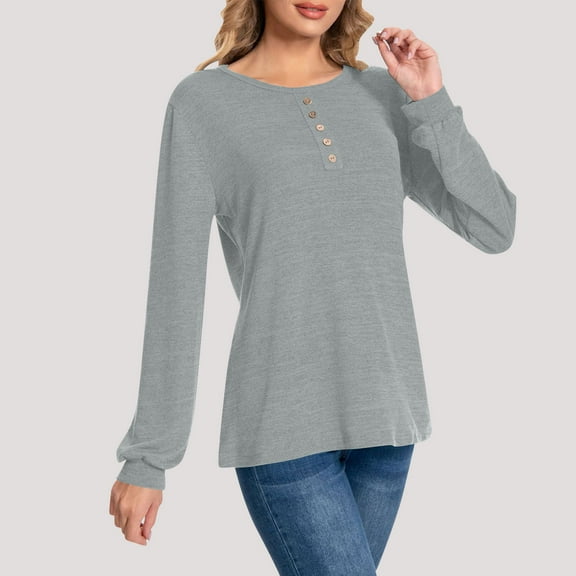 Uootdi Womens Long Sleeve Tops Button Crew Neck Long Sleeve Gift Basic Tops for Women Comfy Plain Solid Purple Trendy Tops