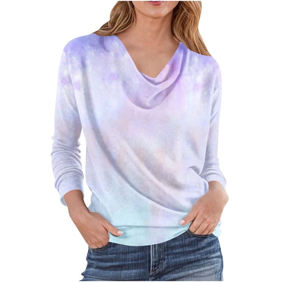 Uootdi Womens Long Sleeve Tops Dressy Cowl Neck Pleated Shirts Soild Blouse Slim Elegant Pullover Gift Work Casual Clothes Fall