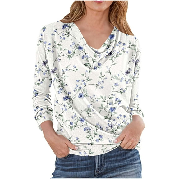 Uootdi Womens Long Sleeve Tops Dressy Round Neck Pleated Shirts Retro Flowers Print Blouse Slim Gift Elegant Pullover Work Casua l Clothes