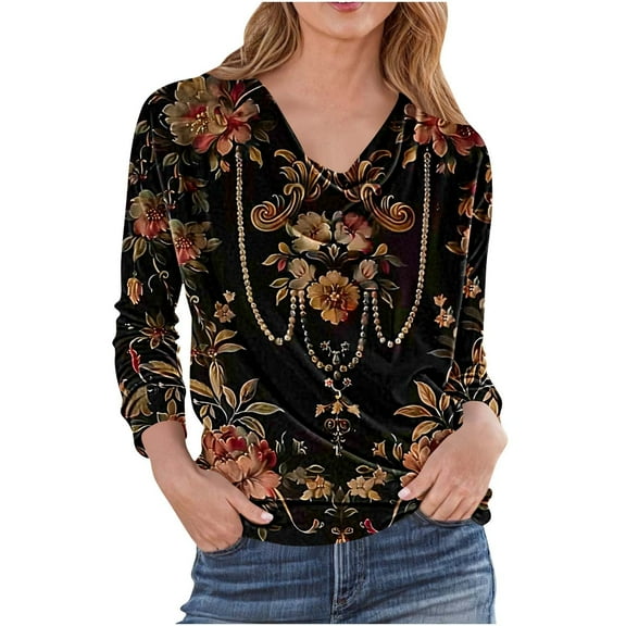 Uootdi Womens Long Sleeve Tops Dressy Round Neck Pleated Shirts Retro Flowers Print Blouse Slim Gift Elegant Pullover Work Casua l Clothes