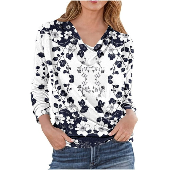 Uootdi Womens Long Sleeve Tops Dressy Round Neck Pleated Shirts Retro Flowers Print Blouse Slim Gift Elegant Pullover Work Casua l Clothes