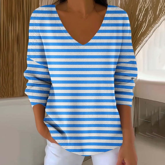 Uootdi Womens Long Sleeve Tops Oversized Striped Sweatshirt V Neck Loose Fit Tunic Tops Spring Casual Gift Blouses