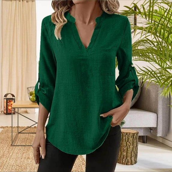 Uootdi Womens Long Sleeve Tops V Neck Casual Linen BlousesPullover Solid Cotton Linen Shirts Lightweight Loose Fit Gift Soft Fal l Tops
