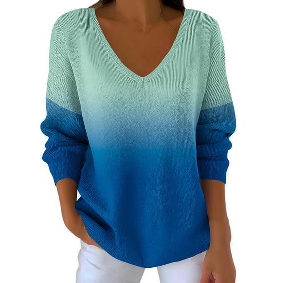 Uootdi Womens Long Sleeve Tops V Neck Shirts Gradient Striped Plaid Printed Soft Basic Tees Gift Business Work Loose Fit Dressy Ca