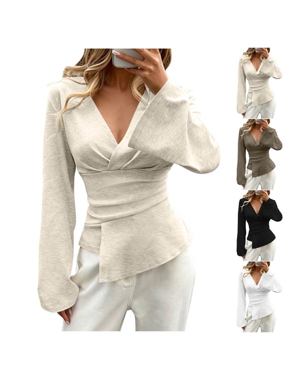 Womens Long Sleeve Tops V Neck Wrap Front Flared Bell Sleeve Waist Cinched Asymmetric Hem Solid Shirts for Women Fall Fashion Dressy Going Out Blouses