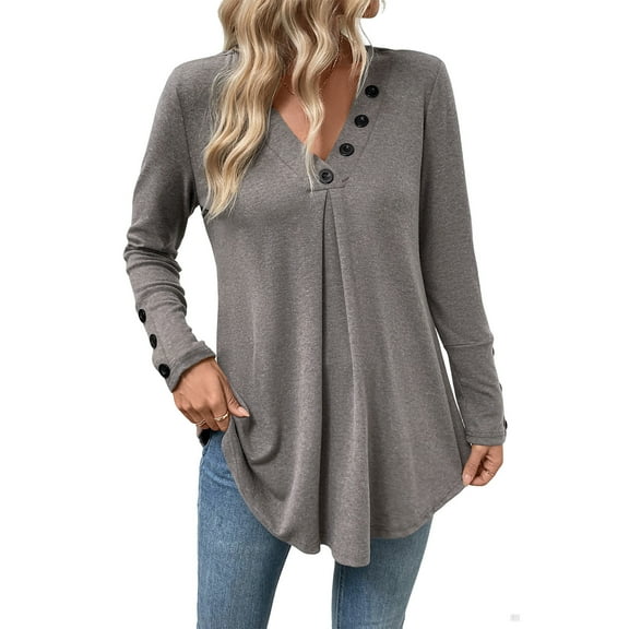 Uootdi Womens Long Sleeve Tops Womens Fall Fashion V-neck Button Down Pleated Henley Shirts Dressy Gift Casual Tunic Blouses