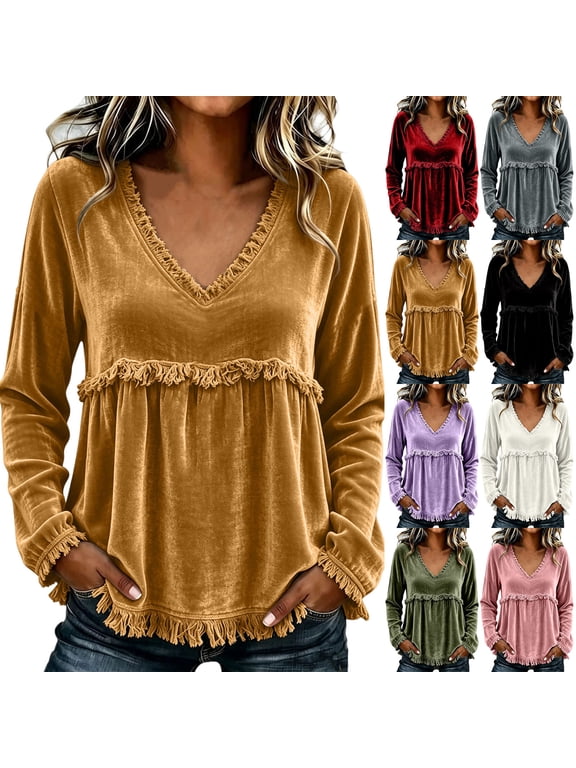 Womens Long Sleeve Velvet Tops V Neck Fringe Trim Ruffled Peplum Loose Flowy Solid Shirts for Women Fall Fashion Bohemian Casual Daily Outing Blouses
