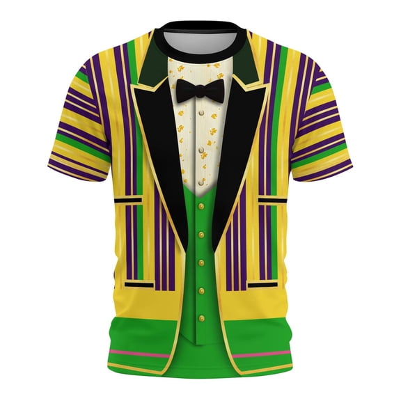 Uootdi Womens Mardi Gras Festive Tops Crew Neck Funny Graphic Tuxedo Short Sleeve T Shirt Tropical Holiday Vacation Novelty Shirts Gift