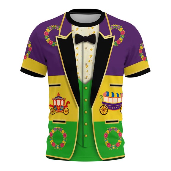 Uootdi Womens Mardi Gras Festive Tops Crew Neck Funny Graphic Tuxedo Short Sleeve T Shirt Tropical Holiday Vacation Novelty Shirts Gift