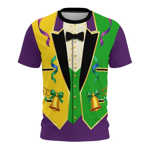 Uootdi Womens Mardi Gras Festive Tops Crew Neck Funny Graphic Tuxedo Short Sleeve T Shirt Tropical Holiday Vacation Novelty Shirts Gift