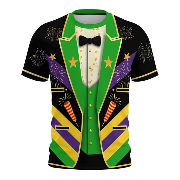 Uootdi Womens Mardi Gras Festive Tops Crew Neck Funny Graphic Tuxedo Short Sleeve T Shirt Tropical Holiday Vacation Novelty Shirts Gift