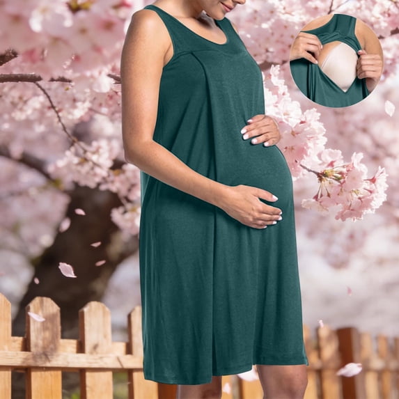 Uootdi Womens Maternity Nightgowns Solid Color Sleeveless Nursing Access Loose Fit Breathable Sleep Dresses Pregnancy Loungewear Gift