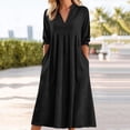 thumbnail image 1 of Uootdi Womens Midi Dresses Stand Collar Elastic Waist Pocket 3/4 Sleeve Lightweight Pullovers Casual Daily Tops Bohemian Holiday Style Gift, 1 of 8
