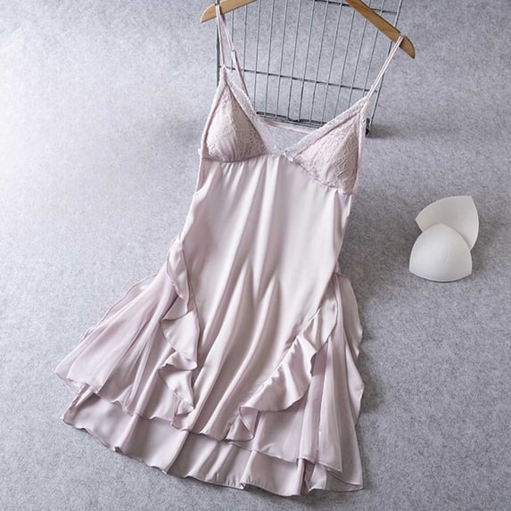 Uootdi Womens Nightgowns Spaghetti Strap Double Ruffle V‑Neck Slip Dress Smooth Fabric Casual Sleepwear Mini Dress Outfits